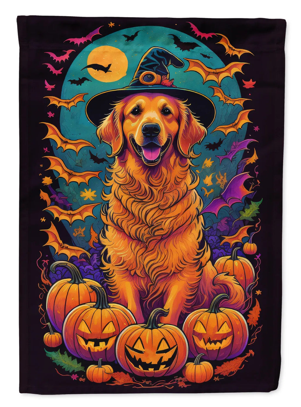 Golden Retriever Witchy Halloween House Flag Large Porch Sleeve Pole