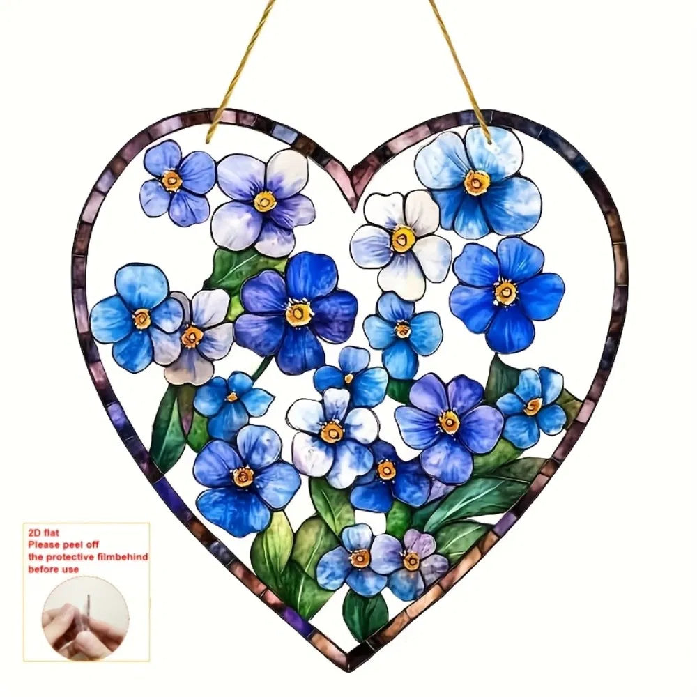 Acrylic Blue Floral Heart Stained Glass Style Sun Catcher Window Wall