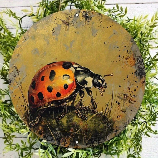 1pc 8x8 Inch Round Aluminum Metal Sign, Golden Ladybug Wall Decor