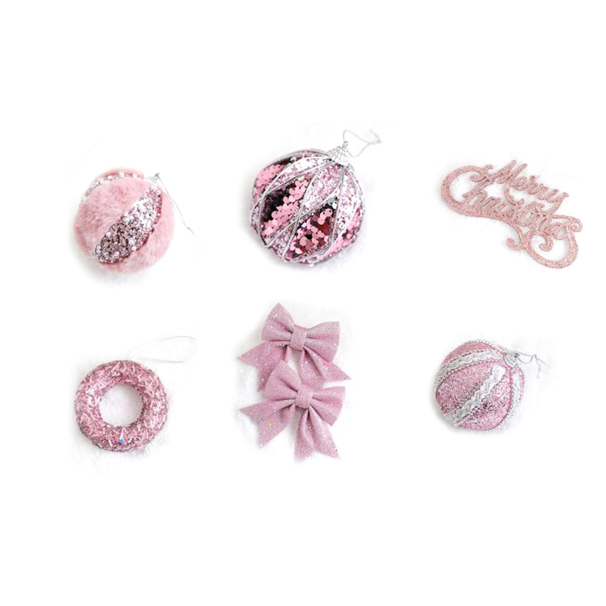 6Pcs Xmas Tree Decoration Sequin Plush Bow Ball Donut Letter Sign Tree