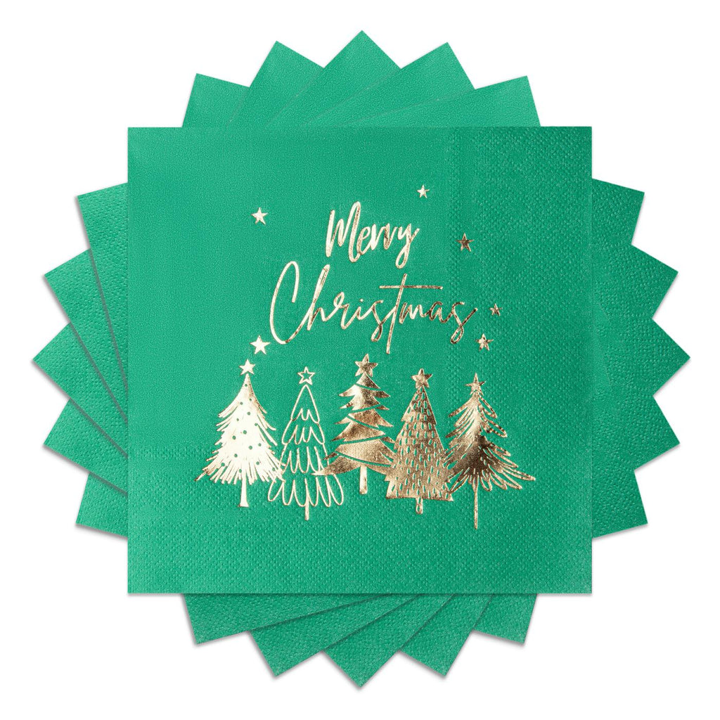 80Pcs Merry Christmas Paper Napkins, Gold Five Xmas Trees Disposable