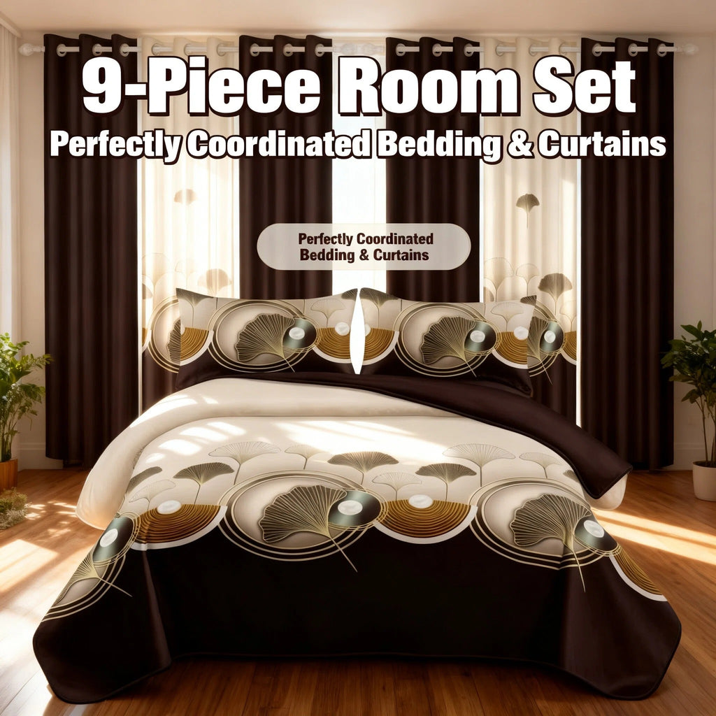 9-Piece Brown And Black Lotus Bedspread And Curtain Set, Reversible