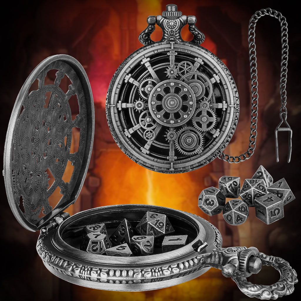 Steampunk Punk Gear Dice Set - Antique Metal Finish With Intricate Gear