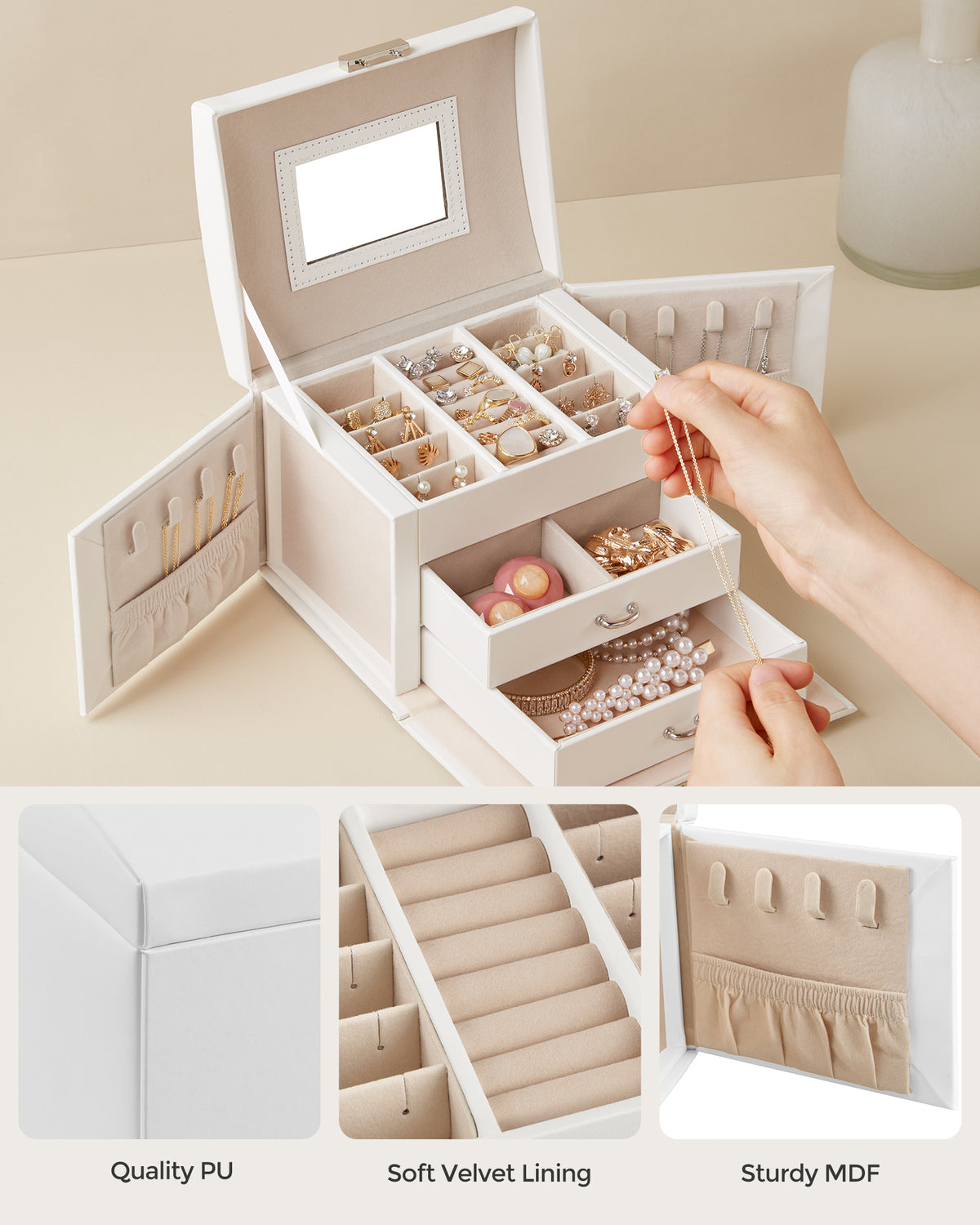 3 Tier Jewellery Box With Mirror, Lockable Jewellery Organiser