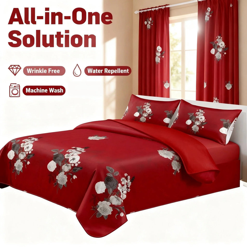 9-Piece Red Floral Quilt And Curtain Set, Reversible Microfiber