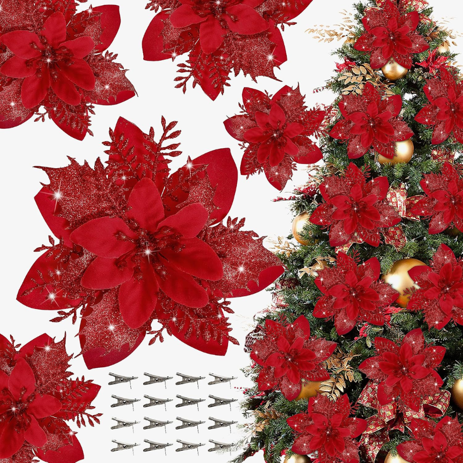 16 PCS Poinsettia Flower Artificial Poinsettias With Clips Christmas