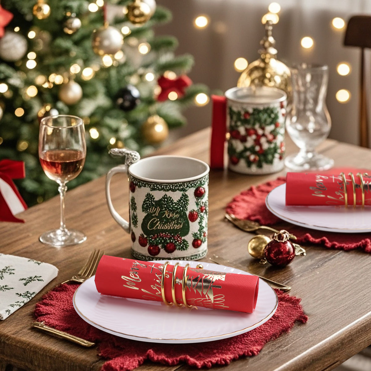 80Pcs Merry Christmas Paper Napkins, Gold Five Xmas Trees Disposable