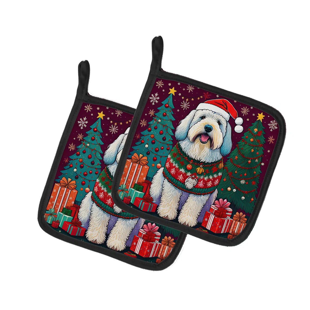 Old English Sheepdog Christmas Pair Of Pot Holders Kitchen Heat