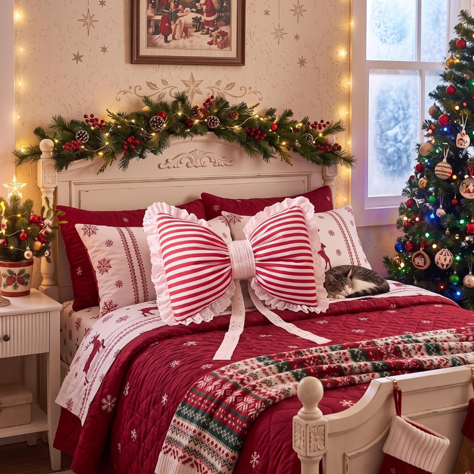 Christmas Bow Throw Pillow Cover, Red & White Striped Decorative