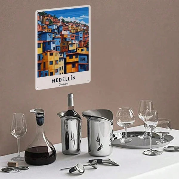 1pc Retro Medellin Colombia Travel Metal Tin Sign, Vibrant Hillside