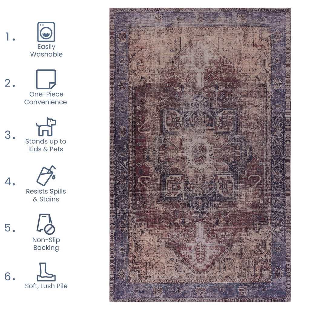 Maval Burgundy Washable Rug 2' X 3' Doormat Rug Burgundy, 2' X 3'