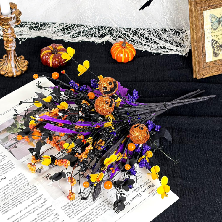 6 Pcs Halloween Floral Picks, 17 Inch Jack-o'-lanterns & 3-Color Berry