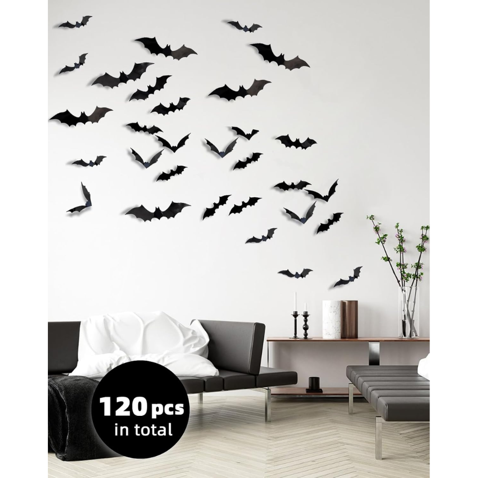 120Pcs 3D Bat Wall Decor Stickers - Realistic Black PVC Bat Decals