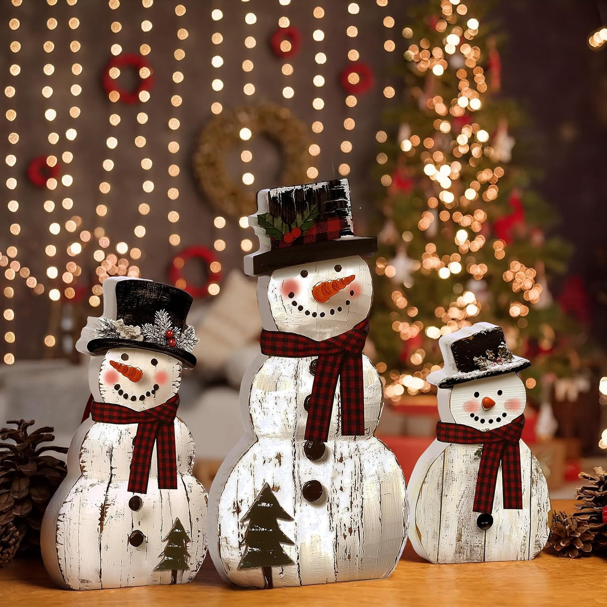 3 Pack Snowman Christmas Decorations, Rustic Wooden Holiday Figurines