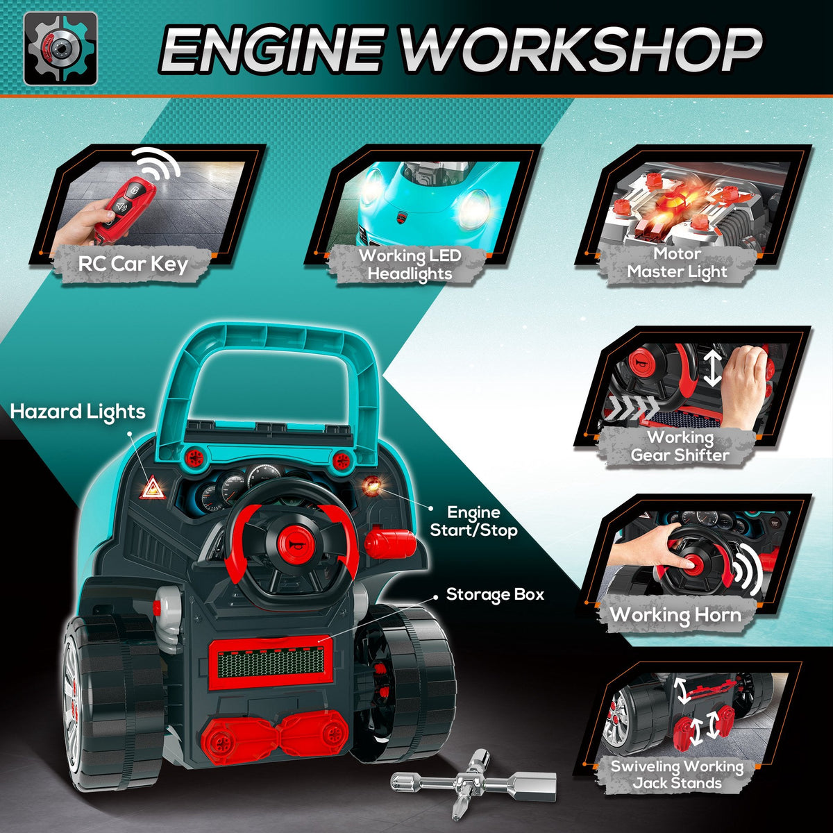 Mechanic Kids Truck Engine Toy Set, Car Service Play Set, Red