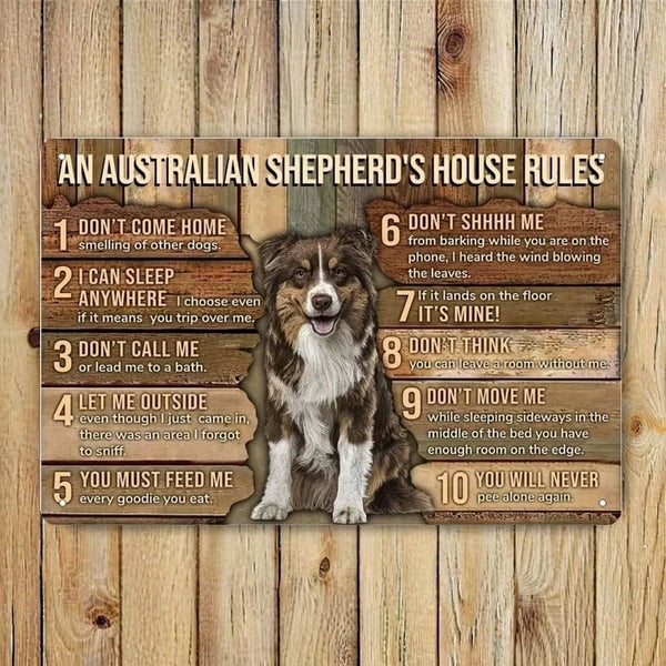 1pc Australian Shepherd Metal Tin Sign, House Rules Wall Art, Funny Pet