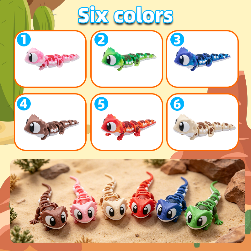 6PCS 3D Printed Bearded Dragon Figurine Set, Articulated Mini Lizard