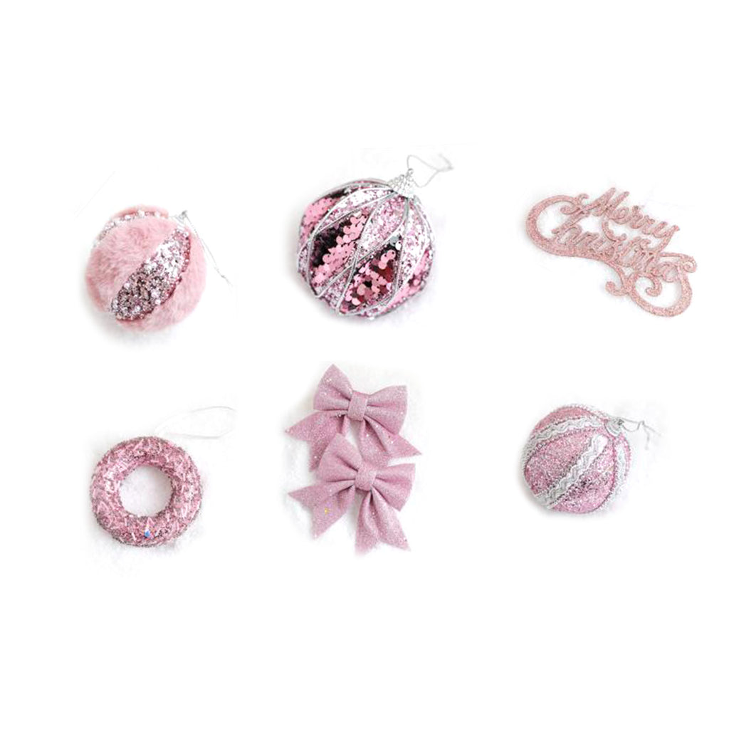 6Pcs Xmas Tree Decoration Sequin Plush Bow Ball Donut Letter Sign Tree