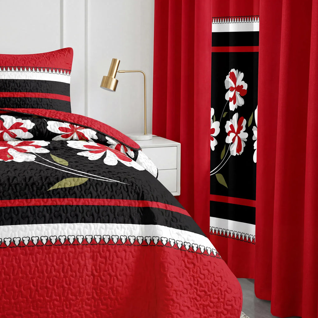 9-Piece Red & Black Floral Bedding & Curtain Set - Quilted Microfiber