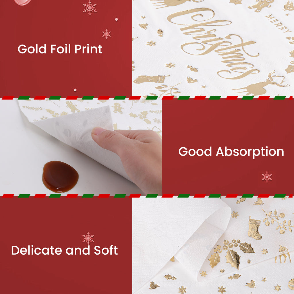 80Pcs Christmas Napkins, Disposable Gold Foil Xmas Embossed Cocktail