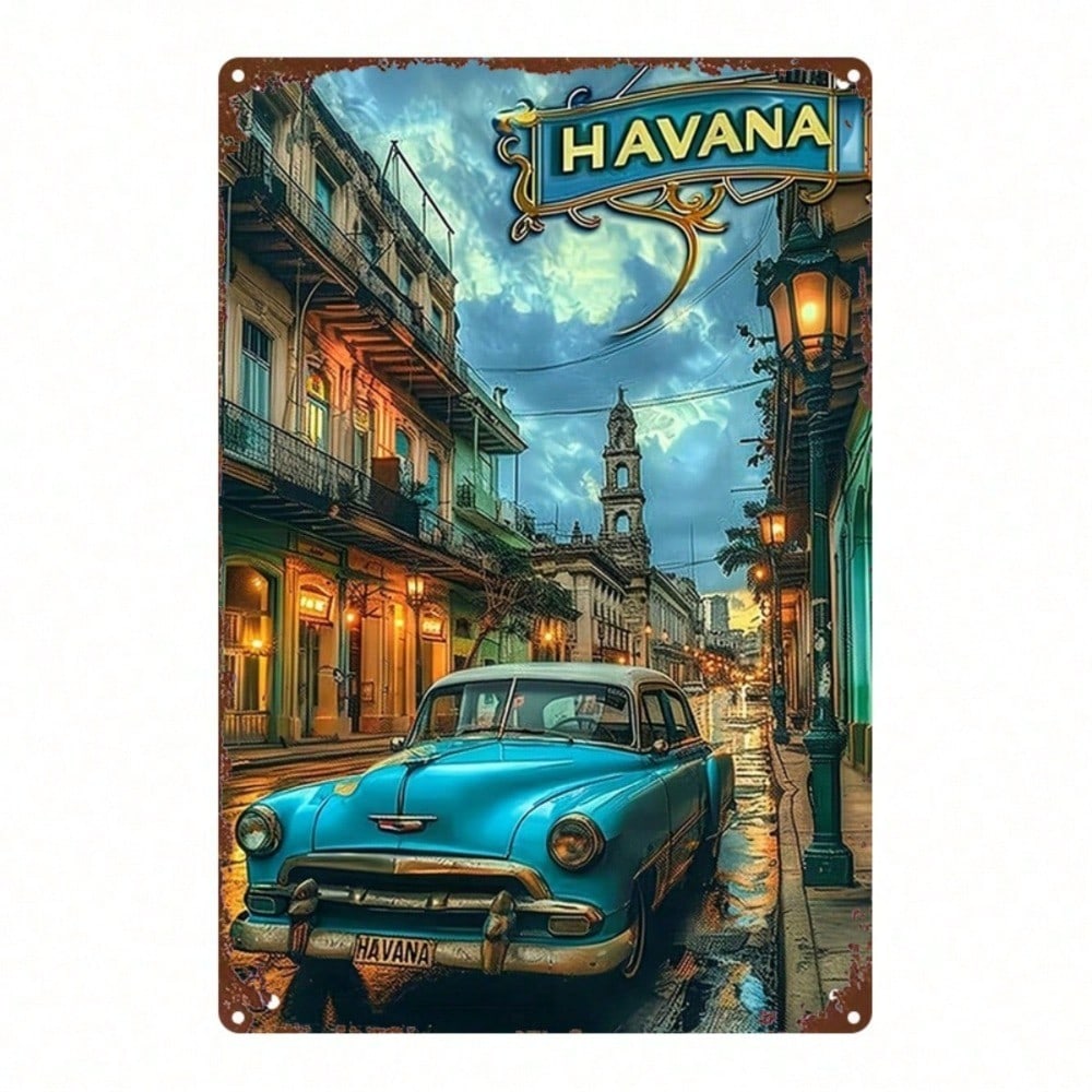 Vintage Blue Car Havana Street Scene Metal Sign, Retro Tin Wall Art 8x12