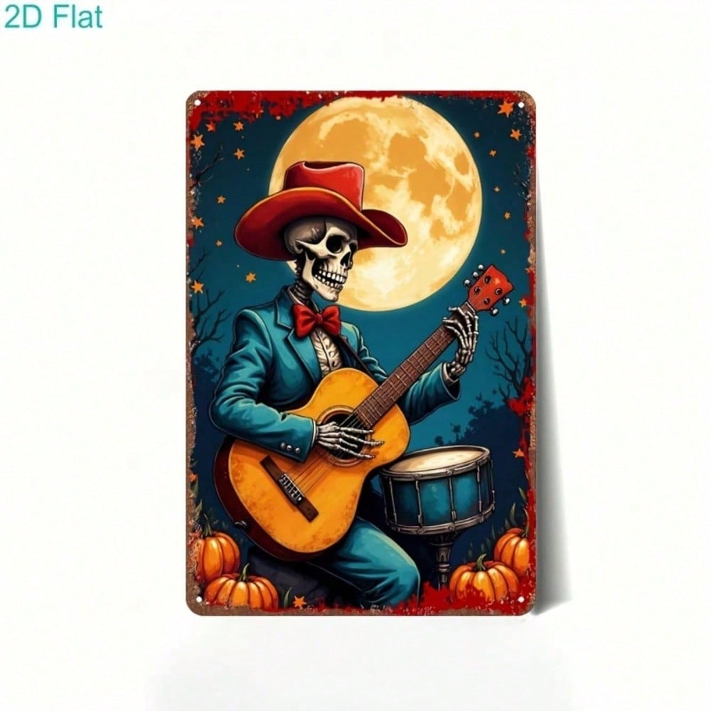 2D Flat Skeleton Cowboy Guitar Sign, Vintage Metal Day Of The Dead Wall