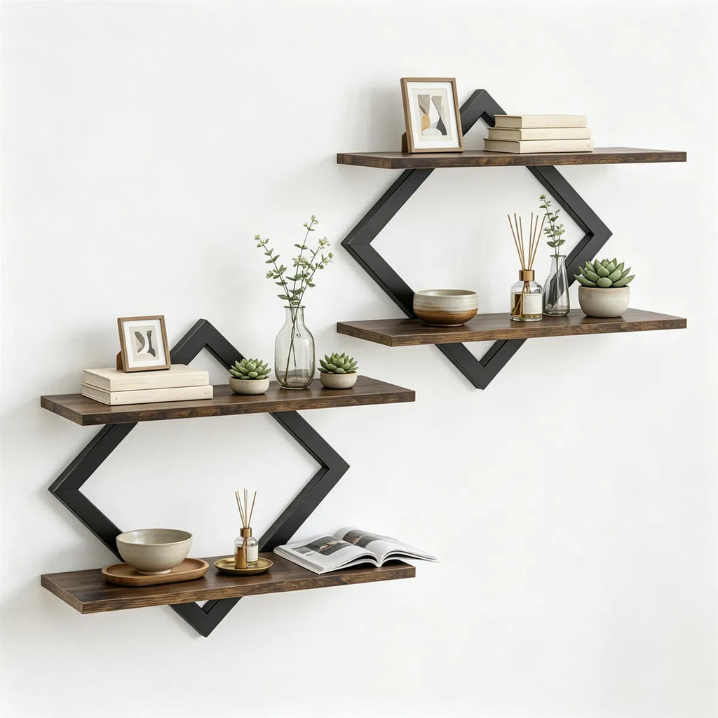 Black Rustic Brown 2Tier Floating Wall Shelves Set Of 2, Diamond Metal