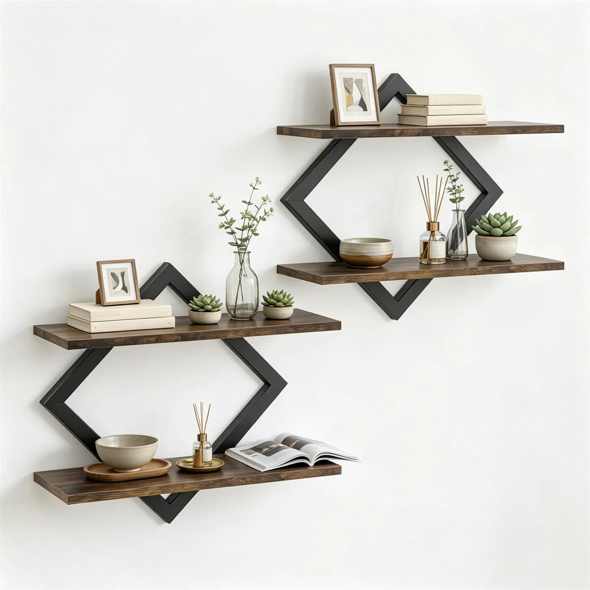 Black Rustic Brown 2Tier Floating Wall Shelves Set Of 2, Diamond Metal