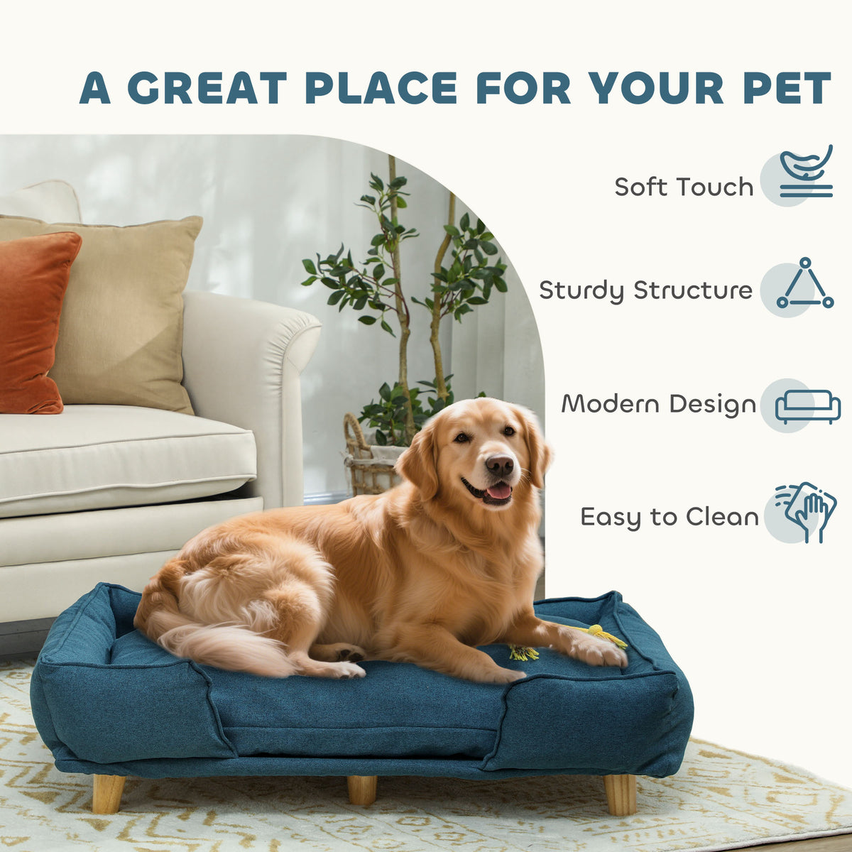 Raised Dog Couch With Comfortable Cushion, Pine Wood Legs, Foot Pads
