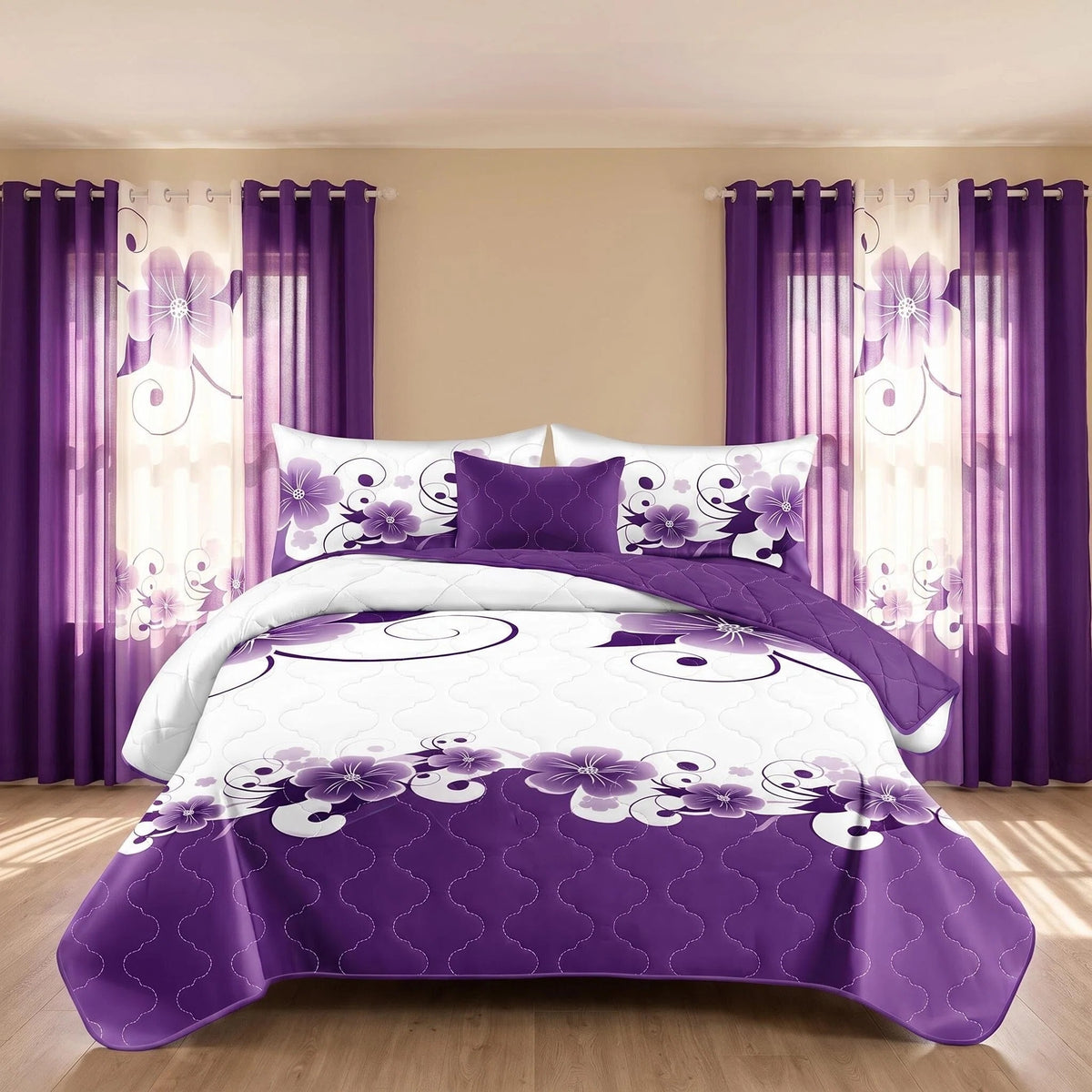 9-Piece Purple And White Gardenia Bedspread And Curtain Set, Reversible