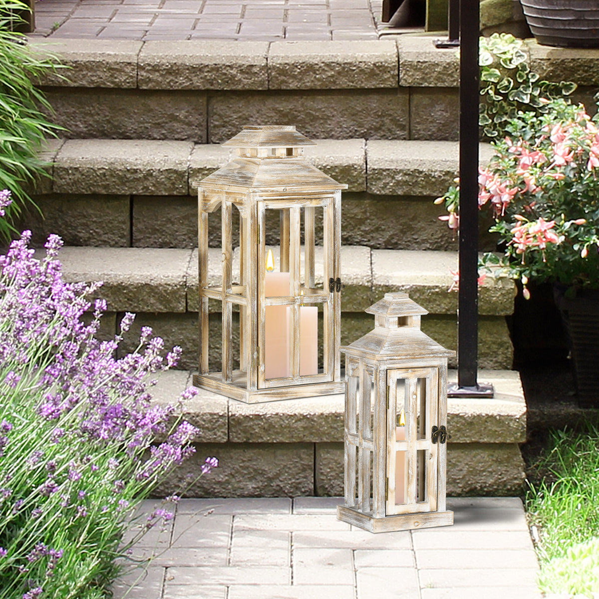 2 Pack 28"/20" Large Rustic Wooden Lantern Decorative, Indoor/outdoor