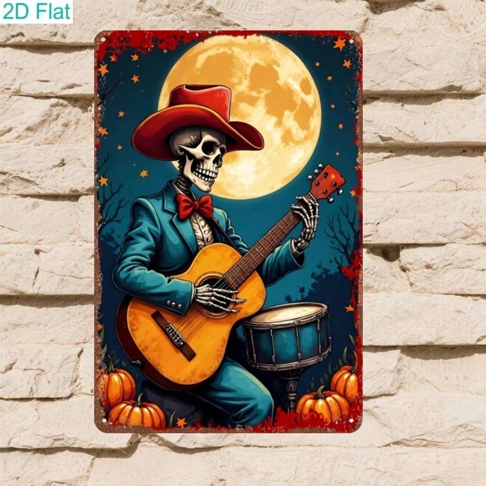 2D Flat Skeleton Cowboy Guitar Sign, Vintage Metal Day Of The Dead Wall