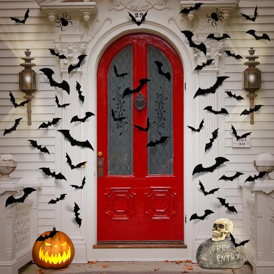 100Pcs Halloween Bat Wall Decor Stickers - 3D Black PVC Bat Decals