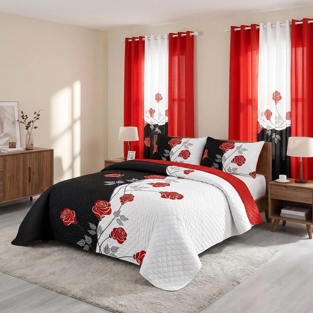 9-Piece Black And White Red Floral Quilt And Curtain Set, Reversible
