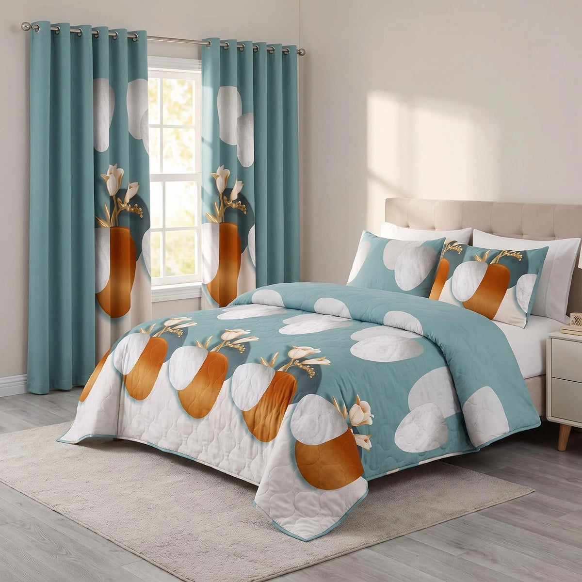 9-Piece Green Dot Quilted Bedspread And Curtain Set, Microfiber Bed