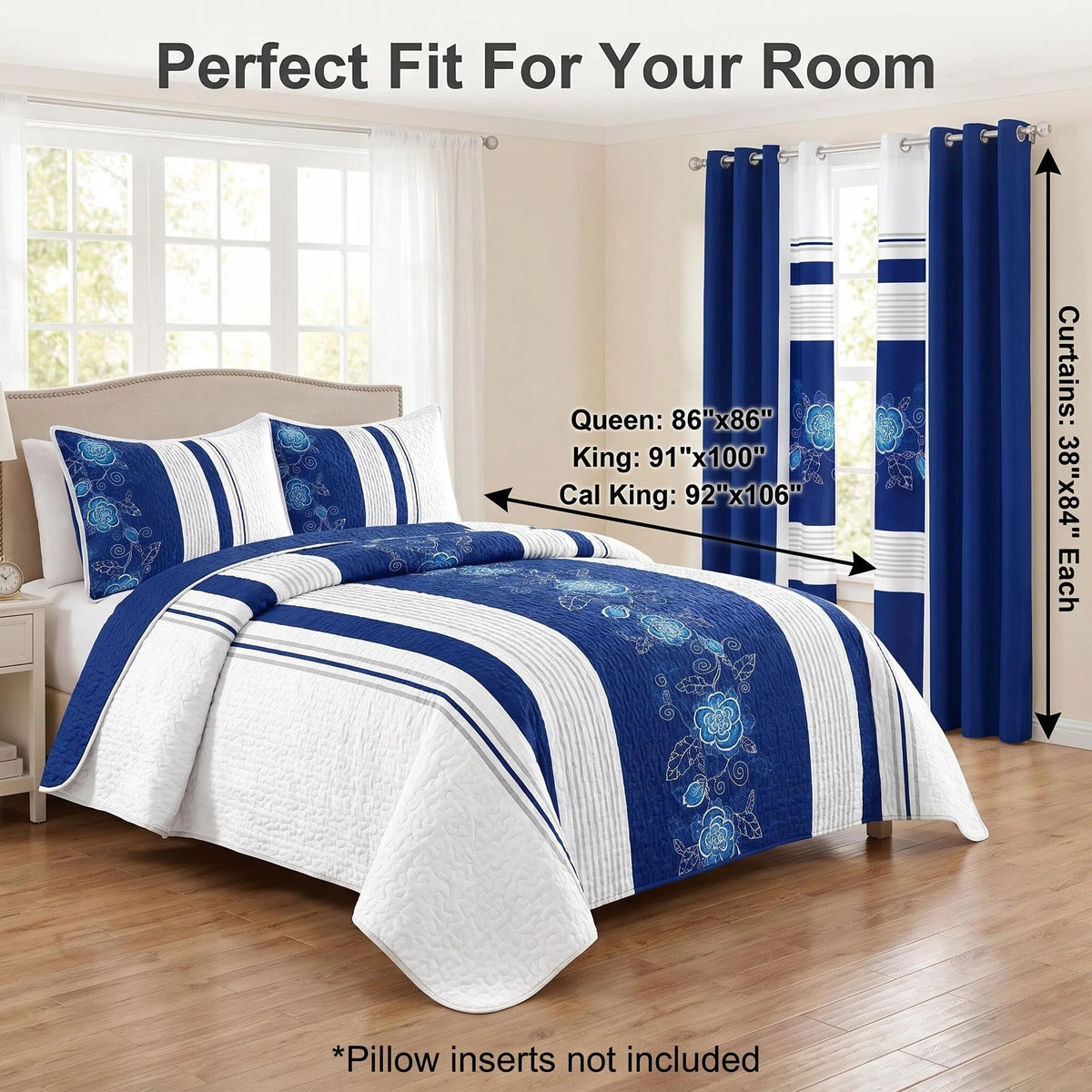 9-Piece Deep Blue Floral Bedspread And Curtain Set, Reversible