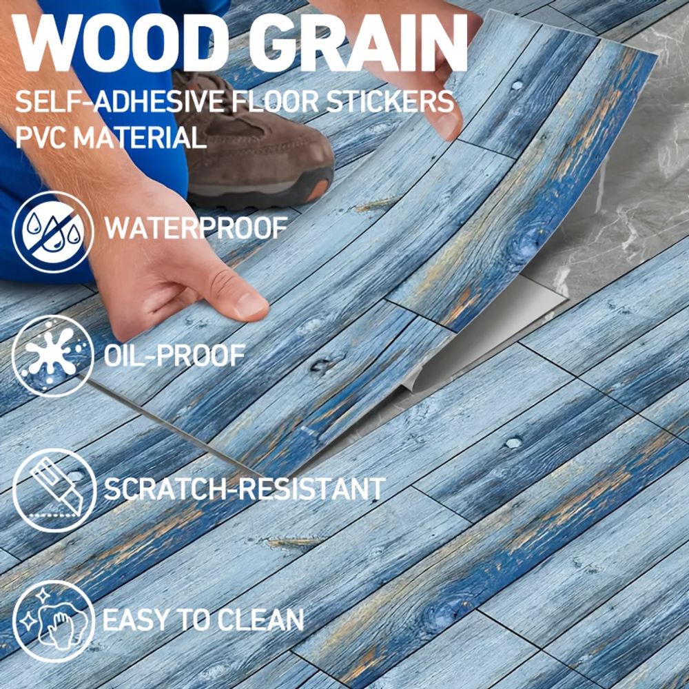 Blue Wood Grain Floor, Peel And Stick Floor Tiles, PVC Self-adhesive
