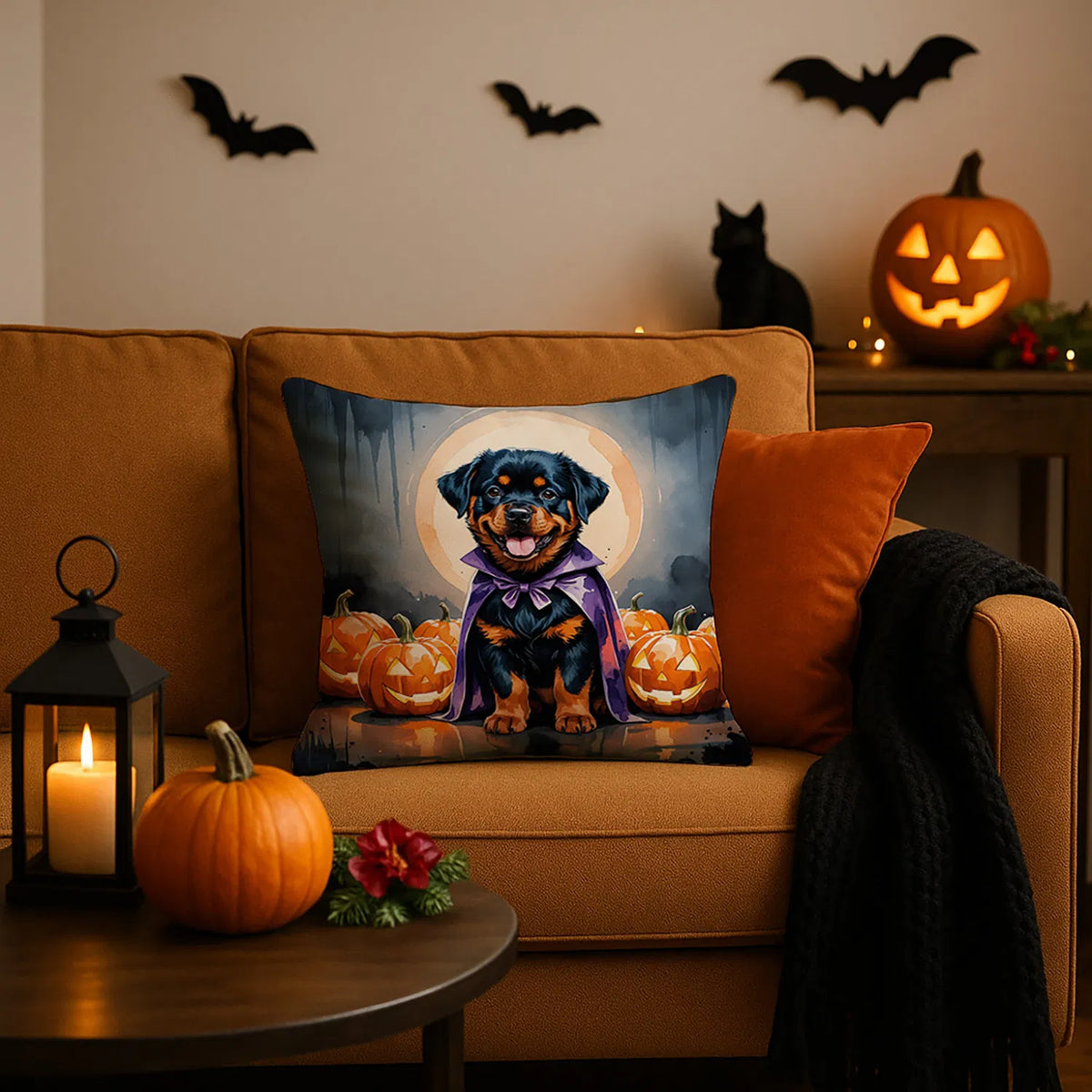 Rottweiler Puppy Halloween Throw Pillow Machine Washable, Indoor
