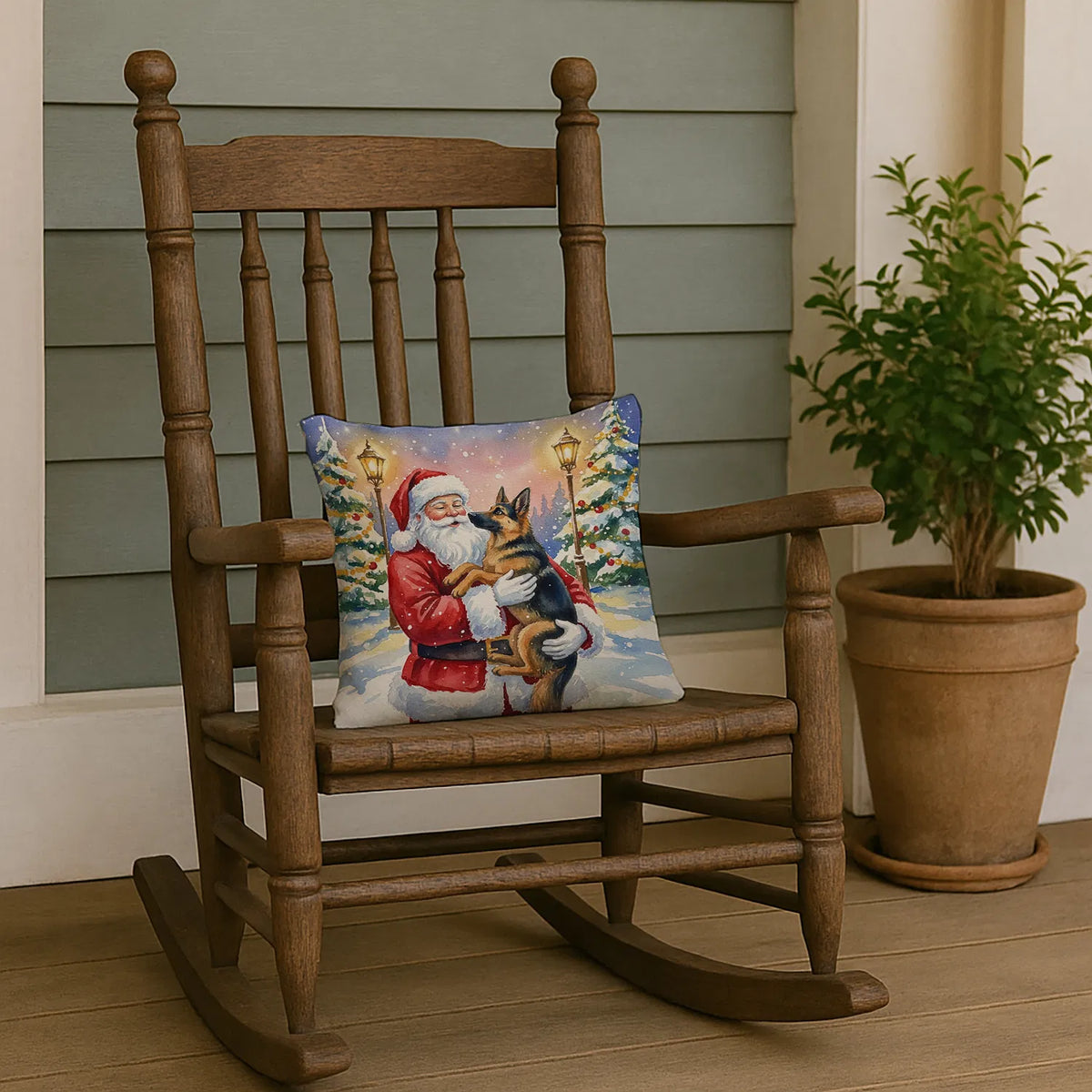 German Shepherd With Santa Claus Throw Pillow Decorative Indoor Outdoor