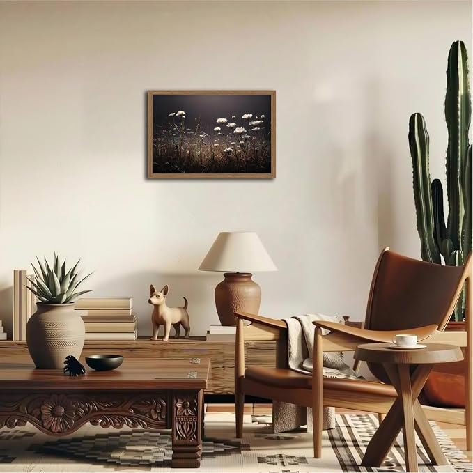 Framed Vintage White Wildflowers Wall Art Moody Fall Floral Landscape