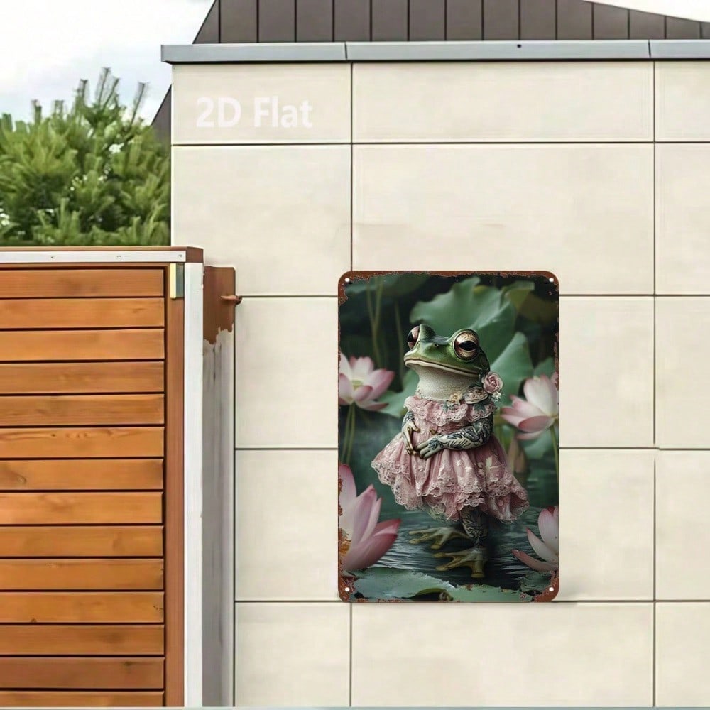 Frog Lady Tin Sign 8x12, 2D Flat Metal Wall Art Lotus Pond Vintage Decor