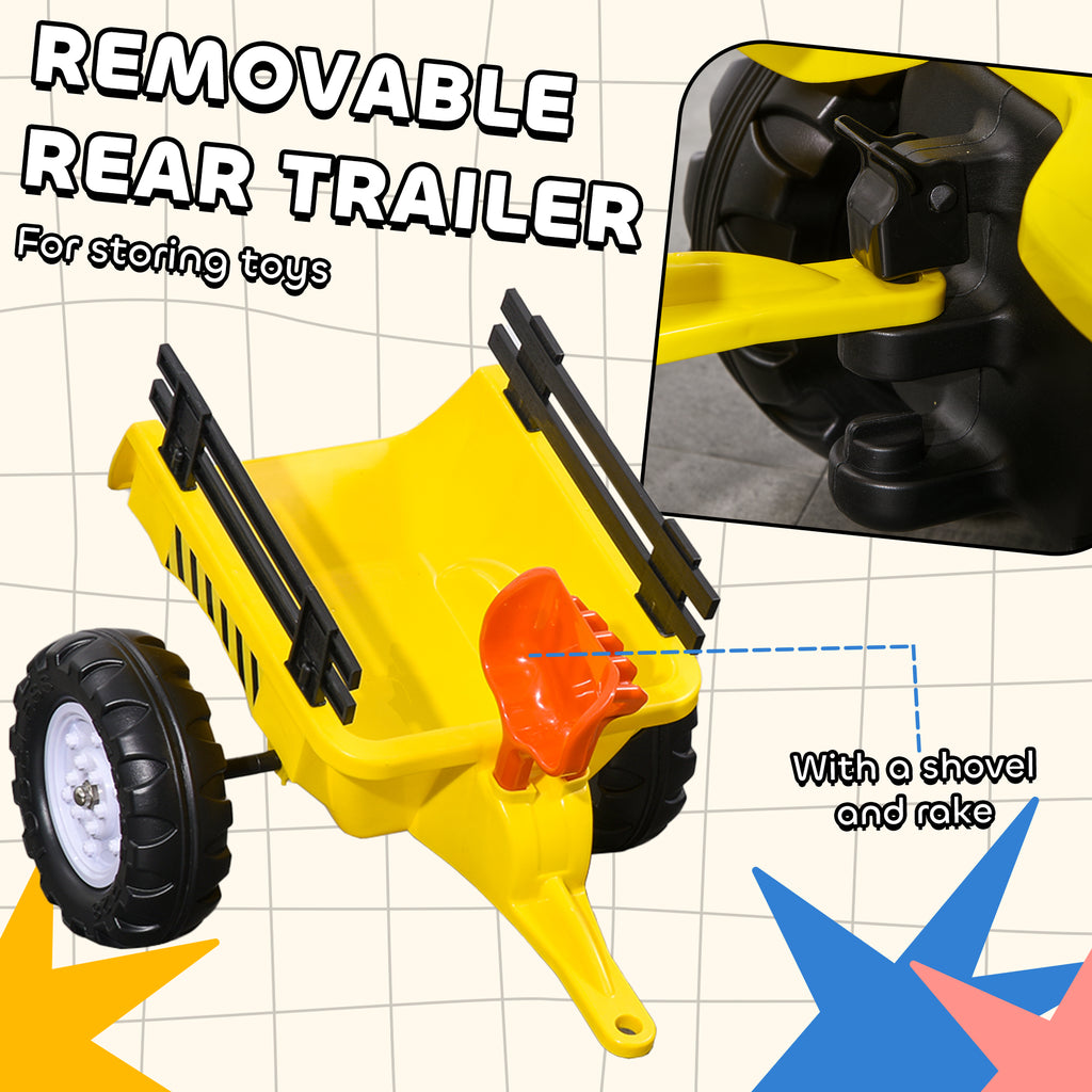 Kids Ride On Tractor With Back Trailer, Shovel & Rake, Horn, Pedal Go