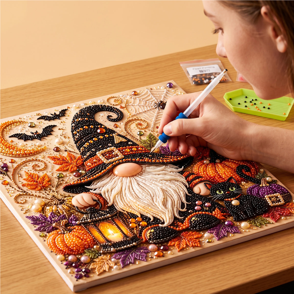 DIY Halloween Pearl Art Kit - Gnome With Lantern, 3D Rhinestone Diamond