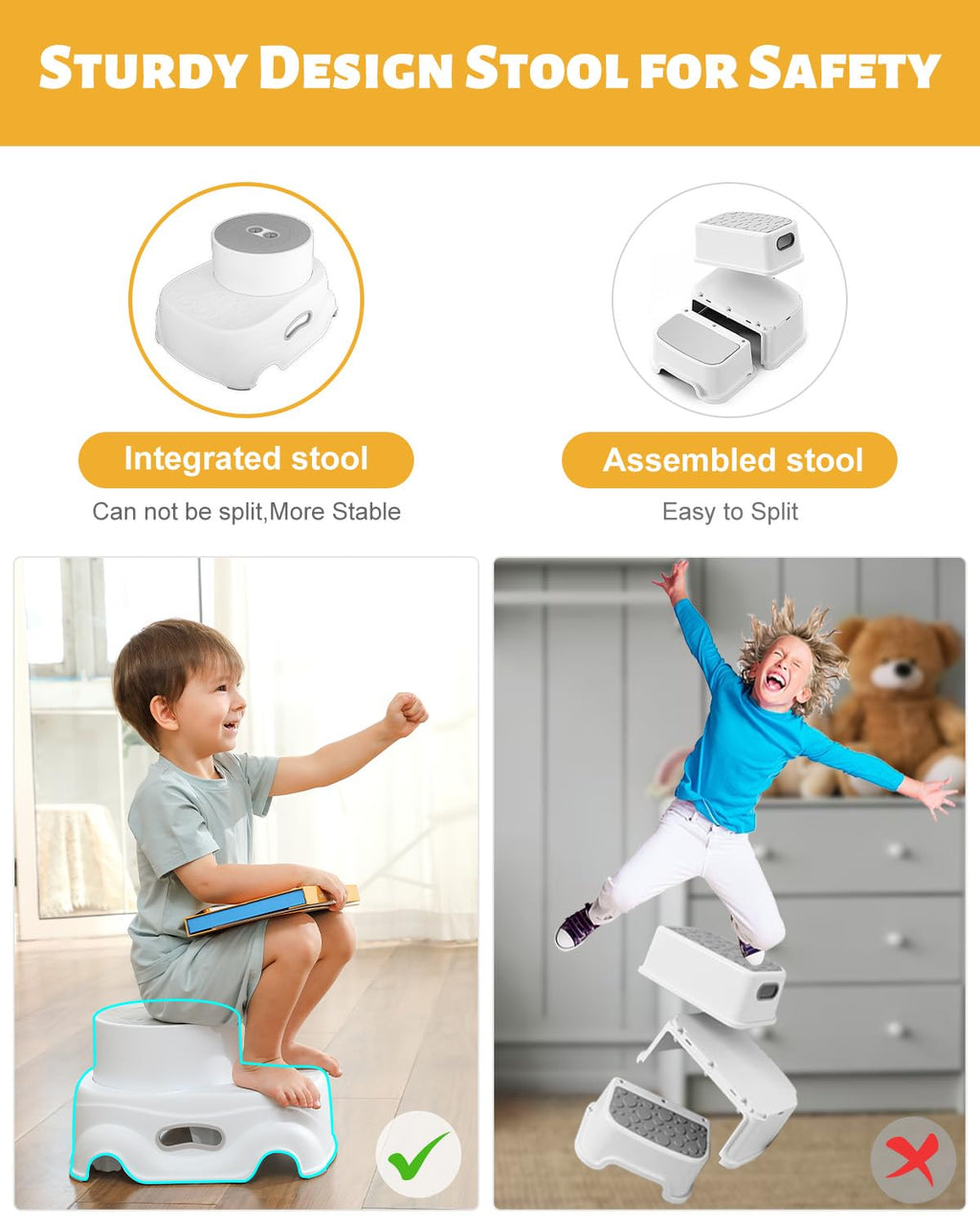 Padded 2-Step Stool, 2-Step Footstool - Step Stool Non-slip, Portable