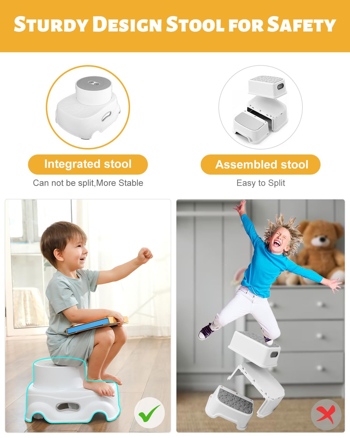 Padded 2-Step Stool, 2-Step Footstool - Step Stool Non-slip, Portable