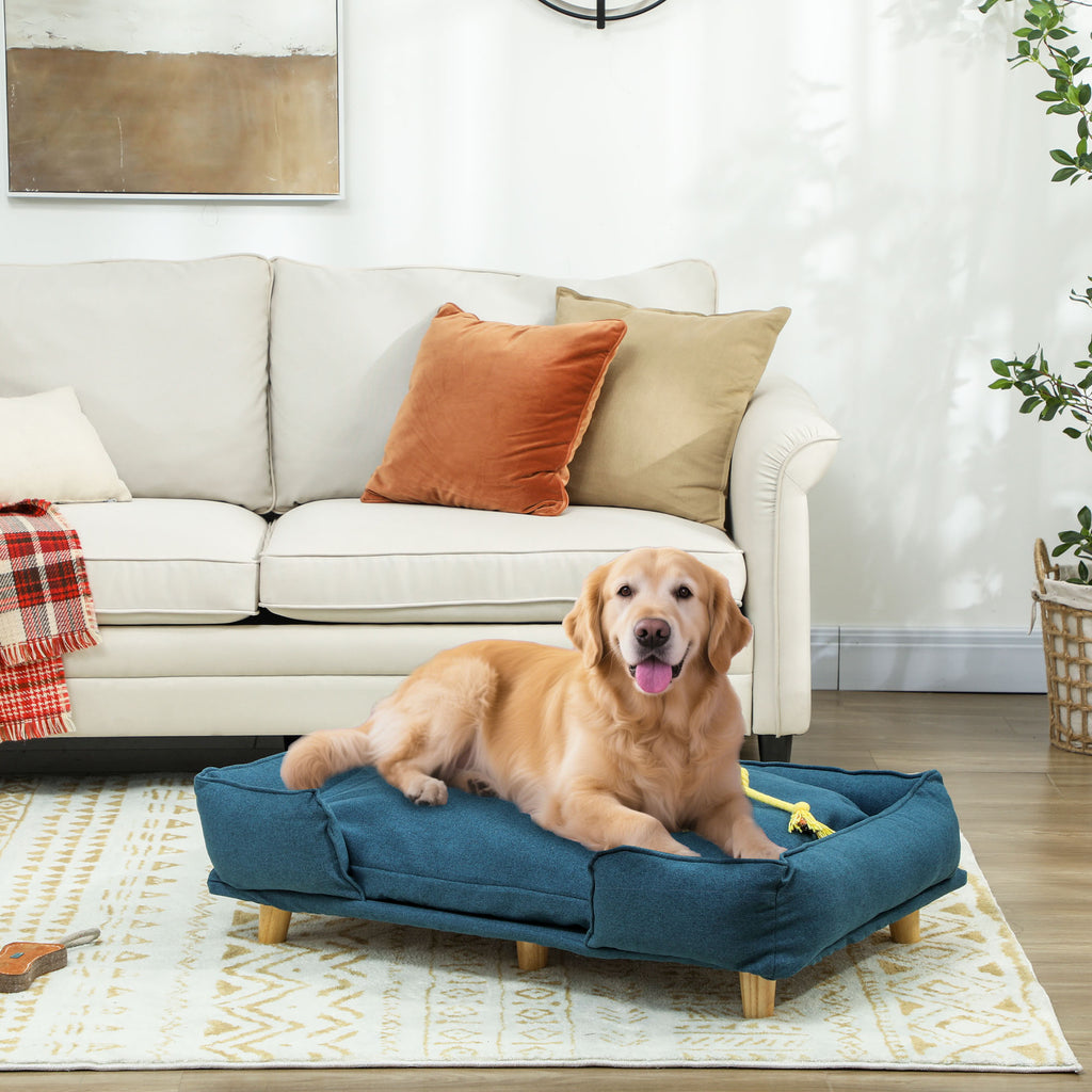 Raised Dog Couch With Comfortable Cushion, Pine Wood Legs, Foot Pads