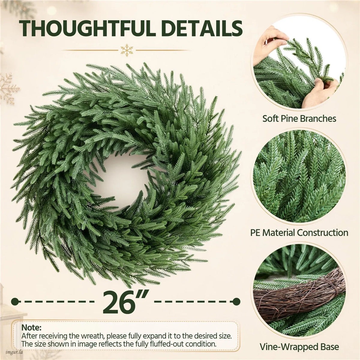 26 Inch Artificial Christmas Wreath Withnaturalvine Base, Green