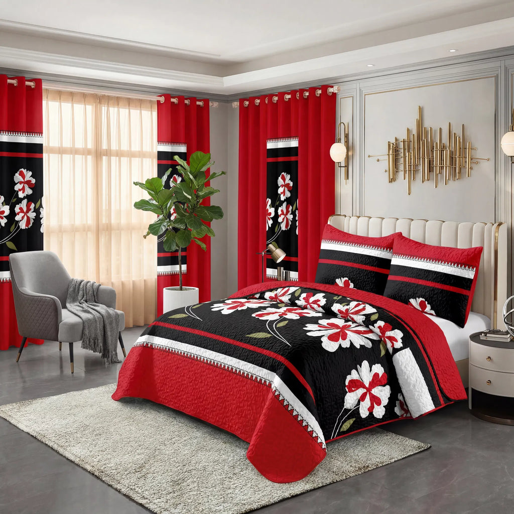 9-Piece Red & Black Floral Bedding & Curtain Set - Quilted Microfiber