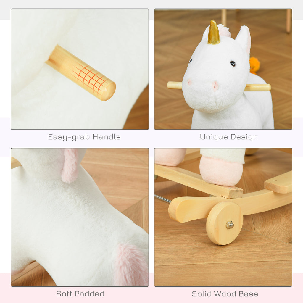 2 In 1 Kids Rocking Horse, Rolling Unicorn With Sound, Wooden Base