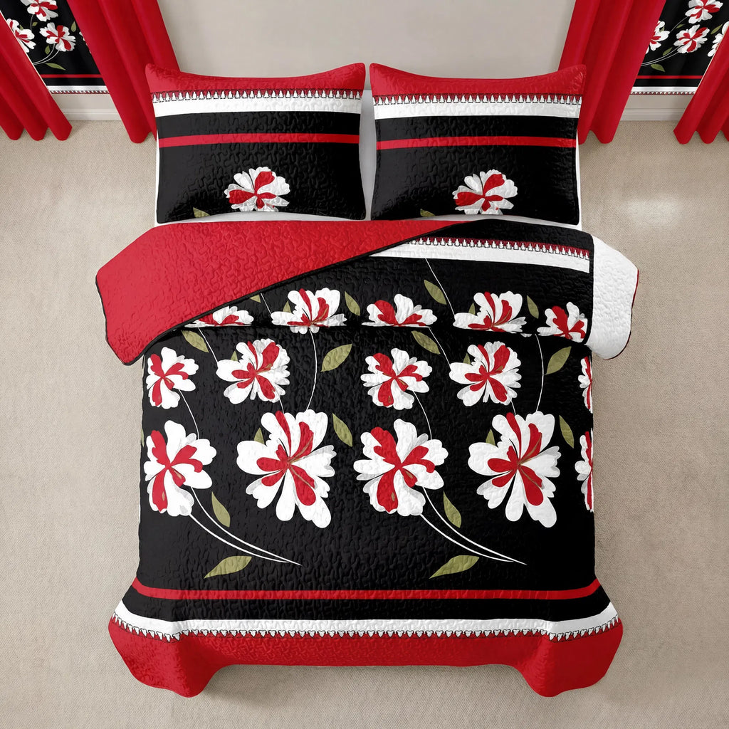 9-Piece Red & Black Floral Bedding & Curtain Set - Quilted Microfiber